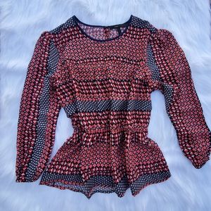 Blouse Long Sleeve Elastic Waist Geometric Pattern